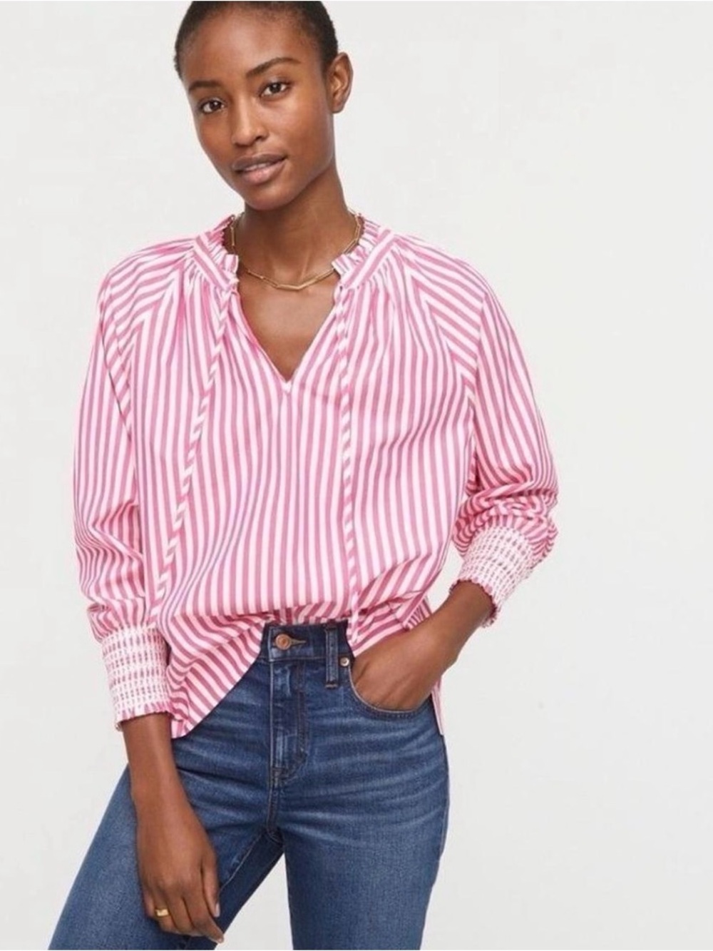 J. Crew Smocked-cuff popover top in stripe pink and white 100%. Cotton, sz M euc